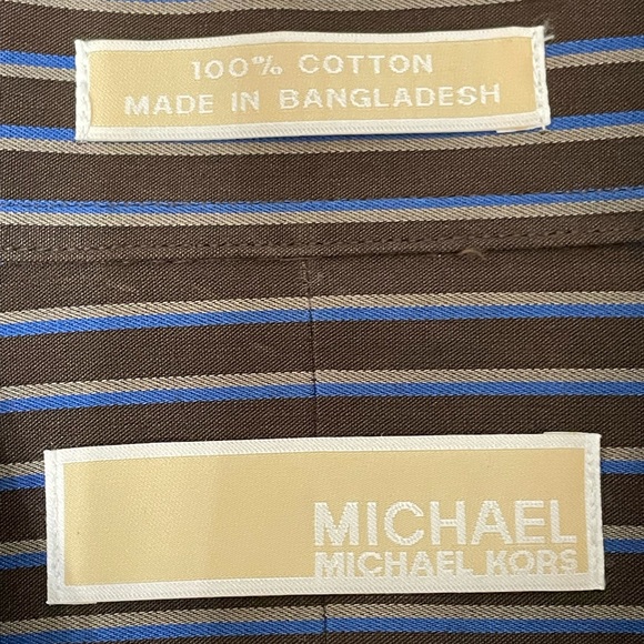Michael Kors Brown Blue Striped Button Up Long Sleeve Shirt Mens Size L 16 34/35 - Picture 2 of 6